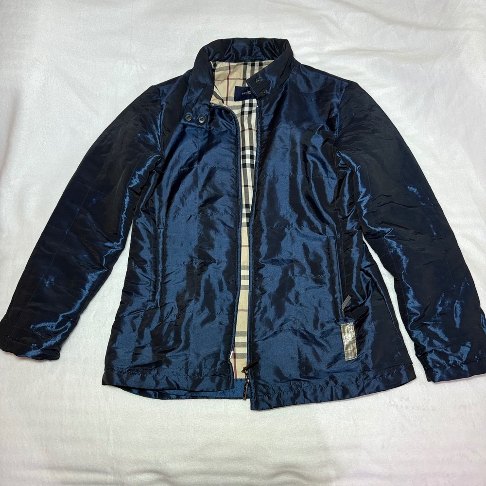 Burberry London Iridescent Navy Blue Jacket Nova Check Lining US 6
